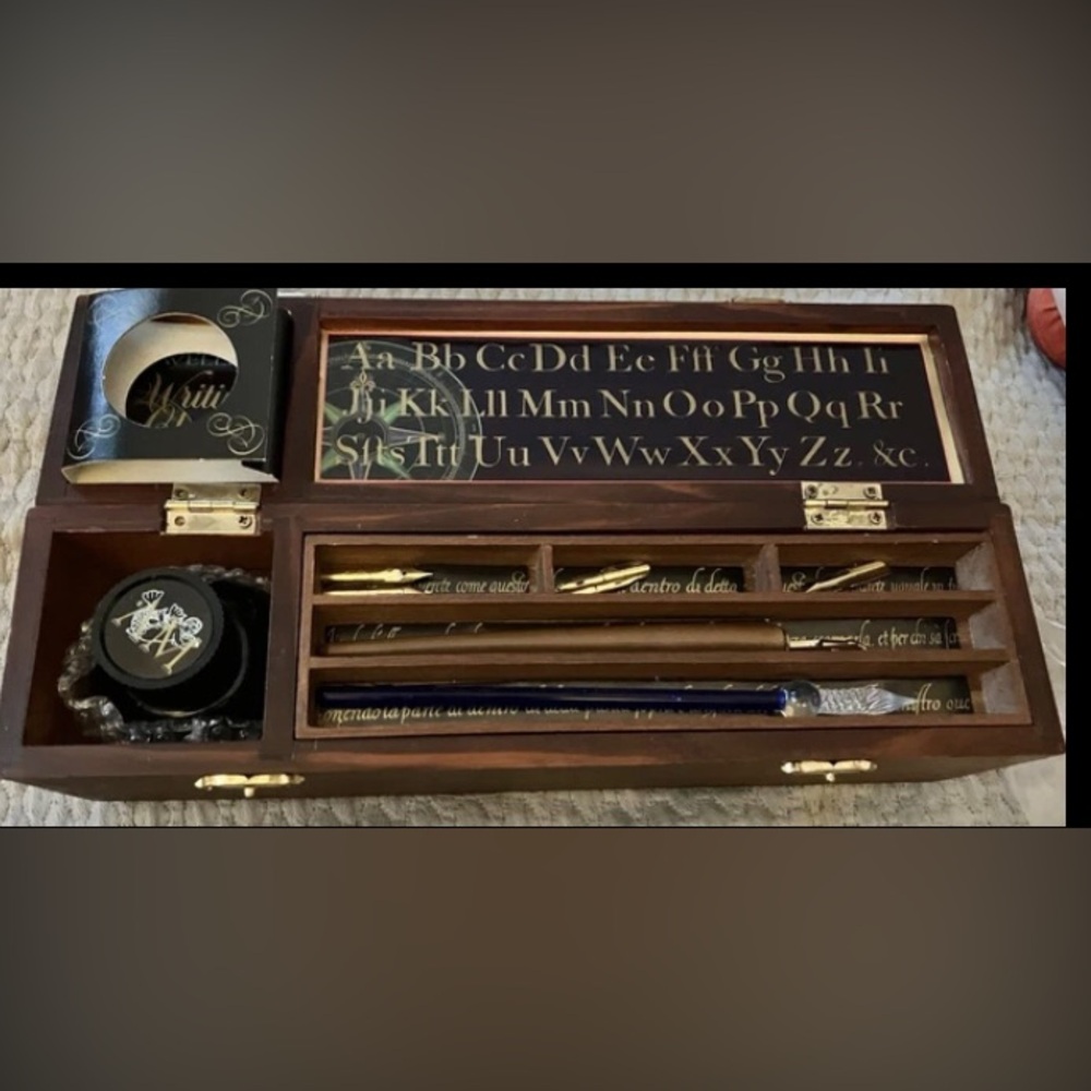 Traveller's Writing Chest Calligraphy Tools Wood Box, Ink + Glass Writing Pen NM